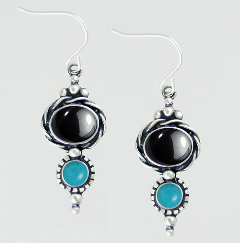 Sterling Silver Drop Dangle Earrings With Hematite And Turquoise